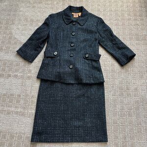 Tory Burch Tweed Jacket Skirt Suit Set Women's 8 Black Preppy Old Money Wool